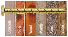 Thunderbolt masonry fixing screw shown with concrete, brick, wood, marble, and stone applications — heavy-duty anchor bolt for secure fixing.