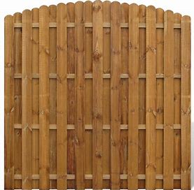 Arched hit and miss garden fence panel made from pressure treated timber with horizontal backing