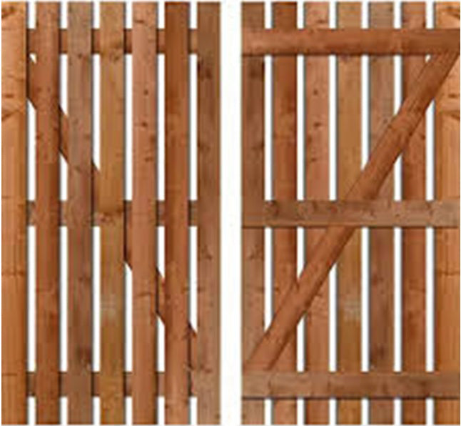 Standard wooden palisade gate made from pressure-treated timber with vertical pales and diagonal bracing