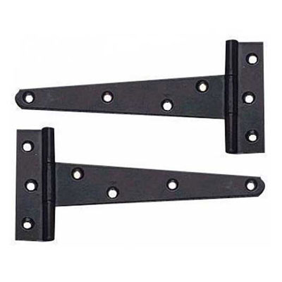 Pair of black weighty Scotch tee hinges with multiple screw holes, 400mm galvanised steel, suitable for garden gates and doors.