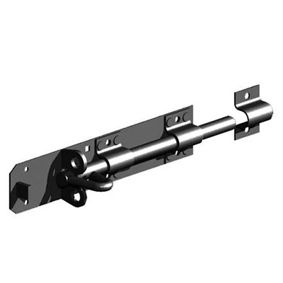 Black heavy-duty Brenton padbolt latch with pre-drilled holes, designed for securing wooden garden gates and doors.