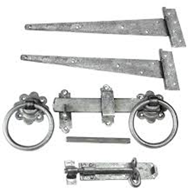 Galvanised gate kit with ring latch, tee hinges, and fixings — complete hardware set for wooden gates.