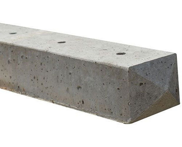 Strong concrete holed fence post for securing garden fencing.