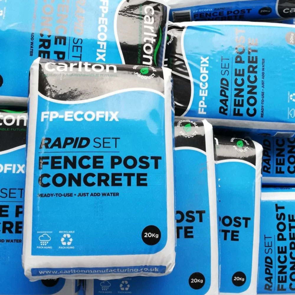 Stack of 70 Carlton FP-Ecofix rapid set fence post concrete bags (20kg), ideal for securing all types of posts.
