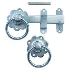 150mm ring gate latch set with two decorative ring handles, latch bar, and fittings for wooden gates.