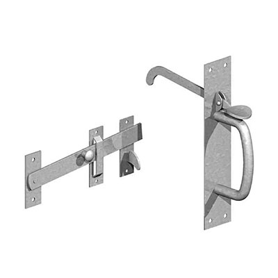 Suffolk gate latch set with handle, latch bar, and fixings — traditional metal latch for wooden gates.