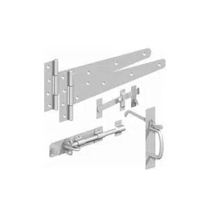 Galvanised Suffolk latch gate kit with hinges, latch, and fixings — complete hardware set for wooden gates.