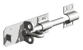 Galvanised Brenton padbolt latch with pre-drilled holes, heavy-duty steel security bolt for wooden gates and doors.