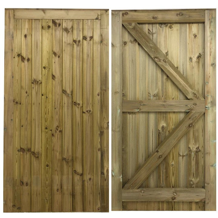 Framed ledged and braced tongue and groove wooden garden gate showing front and back view, made with pressure-treated timber.